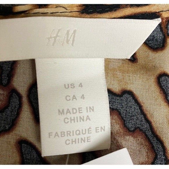 H&M Blouse Womens 4 Tan Black Leopard Long Sleeve Cross Tie Ruffle NEW Career‎ - Picture 6 of 10